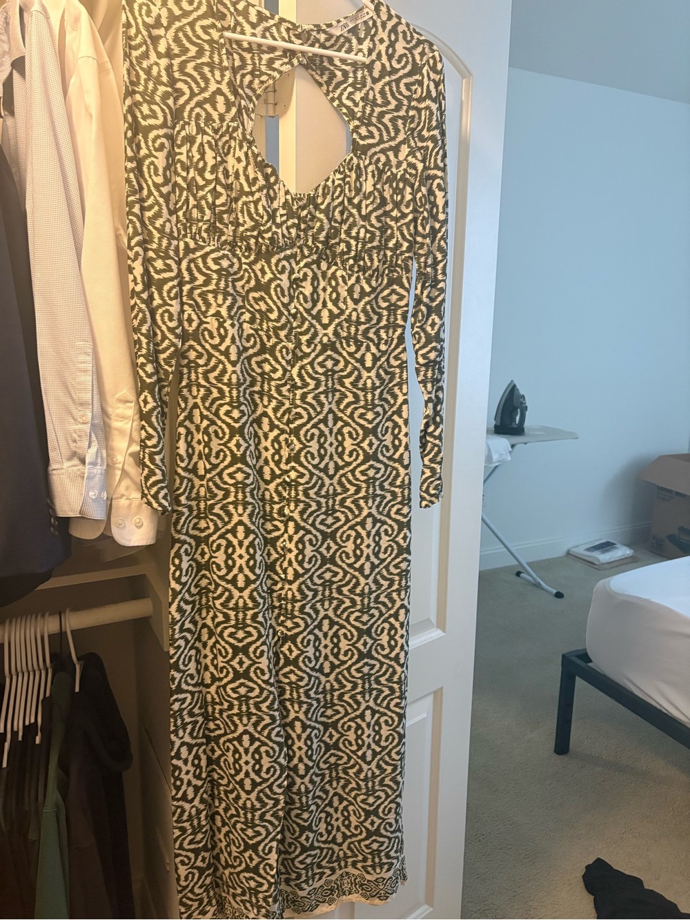 Zara Black and Cream Long-Sleeve Printed Maxi Dress
